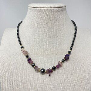 Amethyst and Hematite Beaded Necklace Vintage Natural Stone Clarity Protection